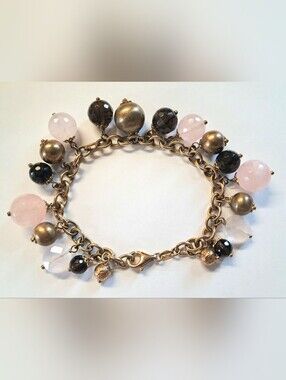 ITAOR Vintage Italy 925 Sterling Silver Heavy Smoky Rose Quartz Charm Bracelet